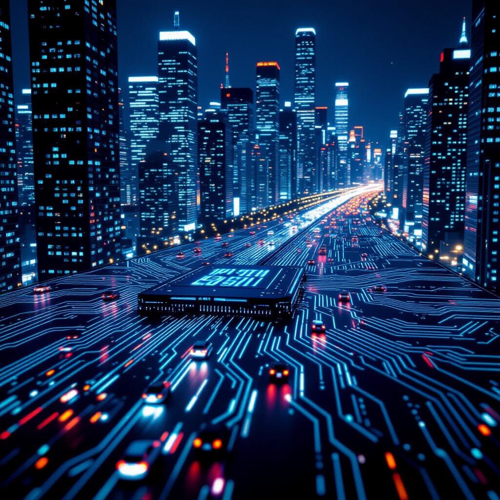 Cinematic Cityscape on Computer Circuit Board