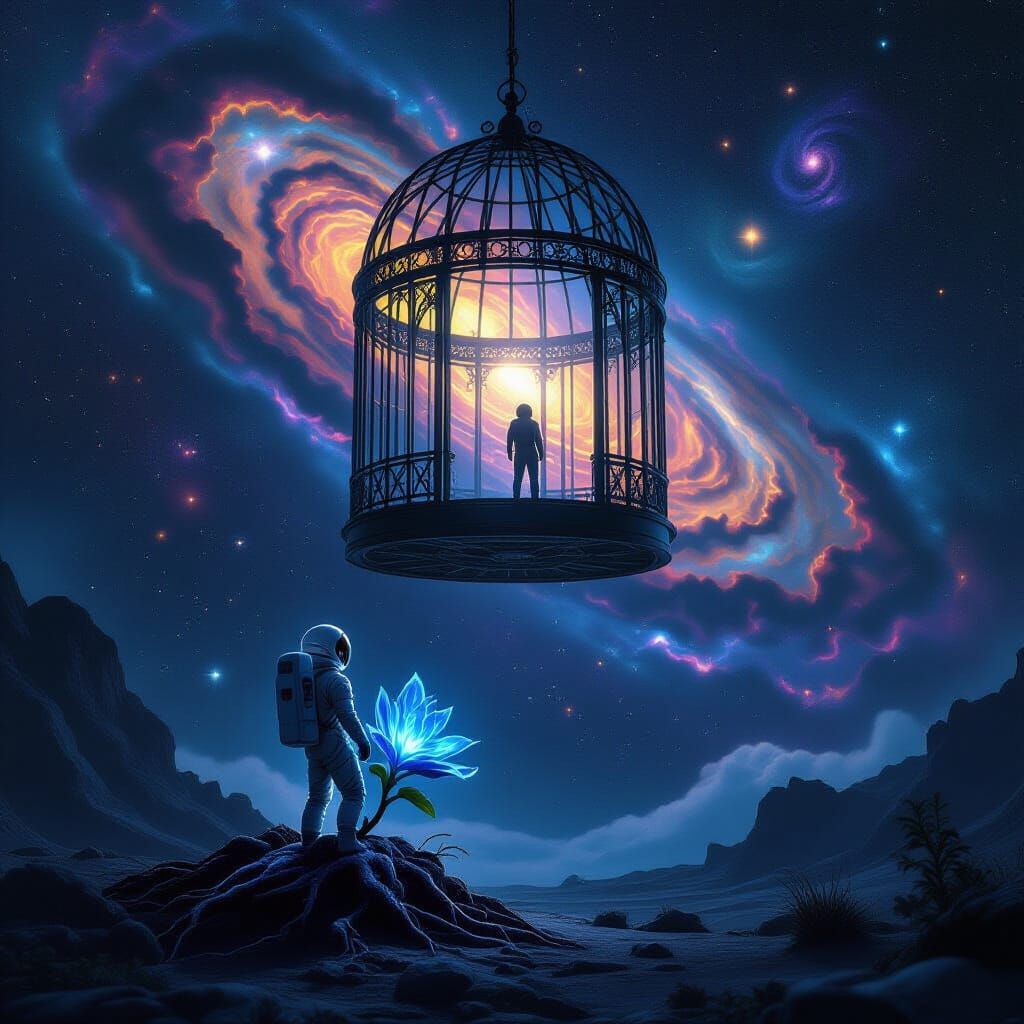 Astronaut Gazes at Celestial Birdcage in Cosmic Surrealism