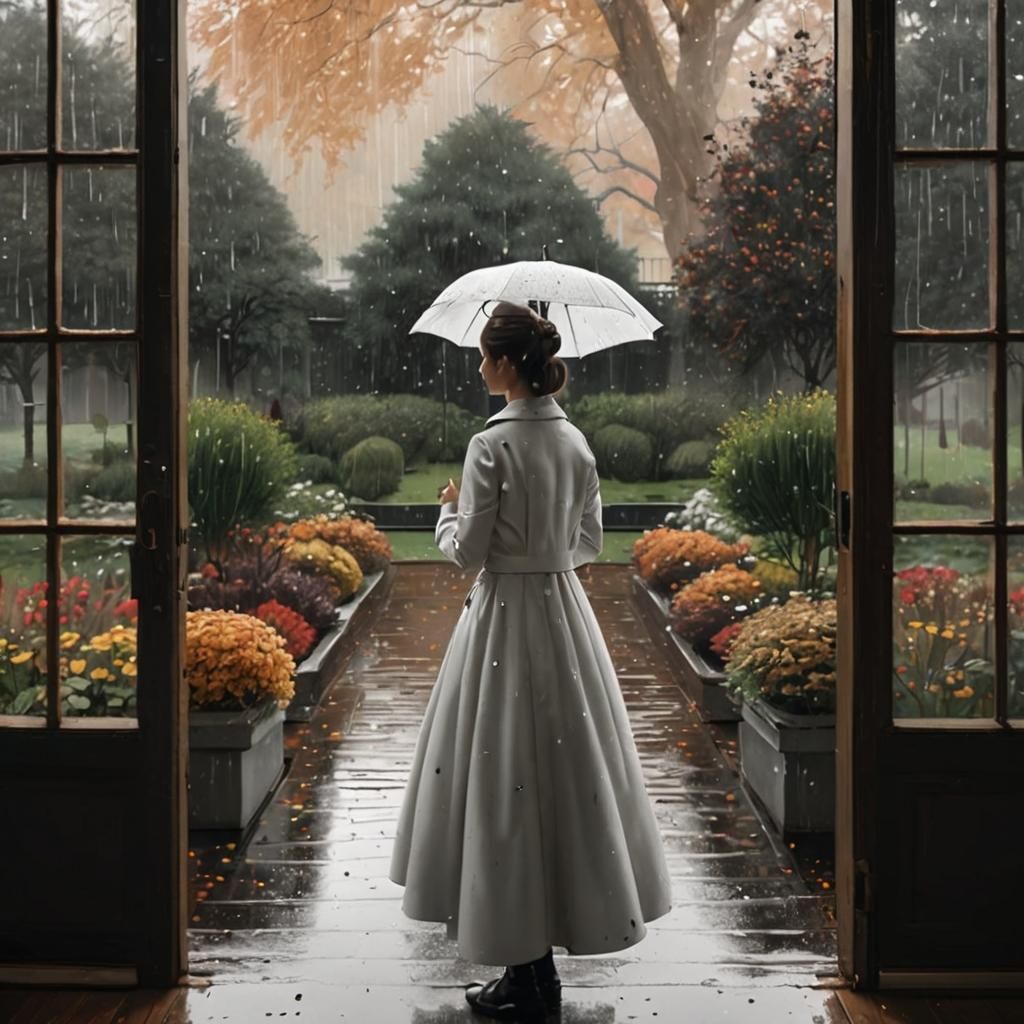 Woman in Rainy Garden: Coloring Book Page