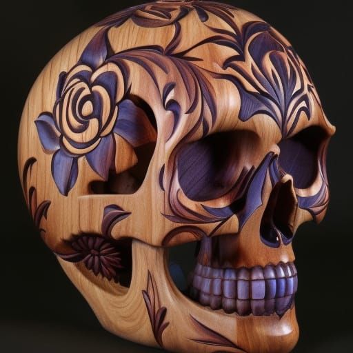Deep Color Carved Teak Wood Skull with Floral Design