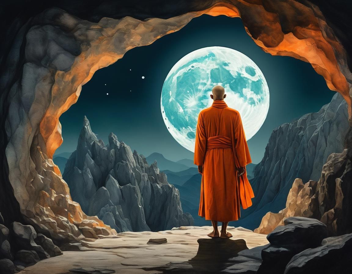 Monk Meditating in Cave: Surreal Watercolor Illustration