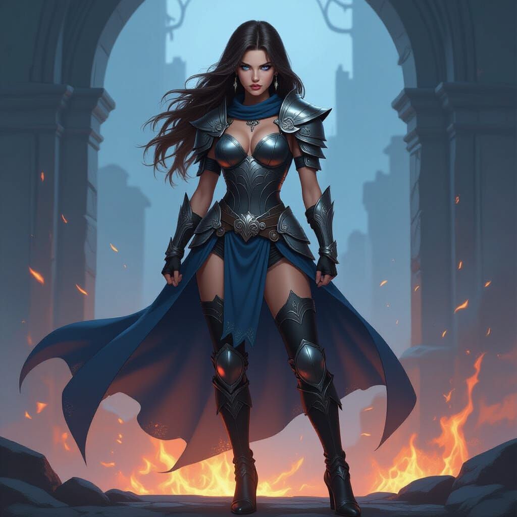 Fierce Warrior Girl with Ice-Blue Eyes and High Heels