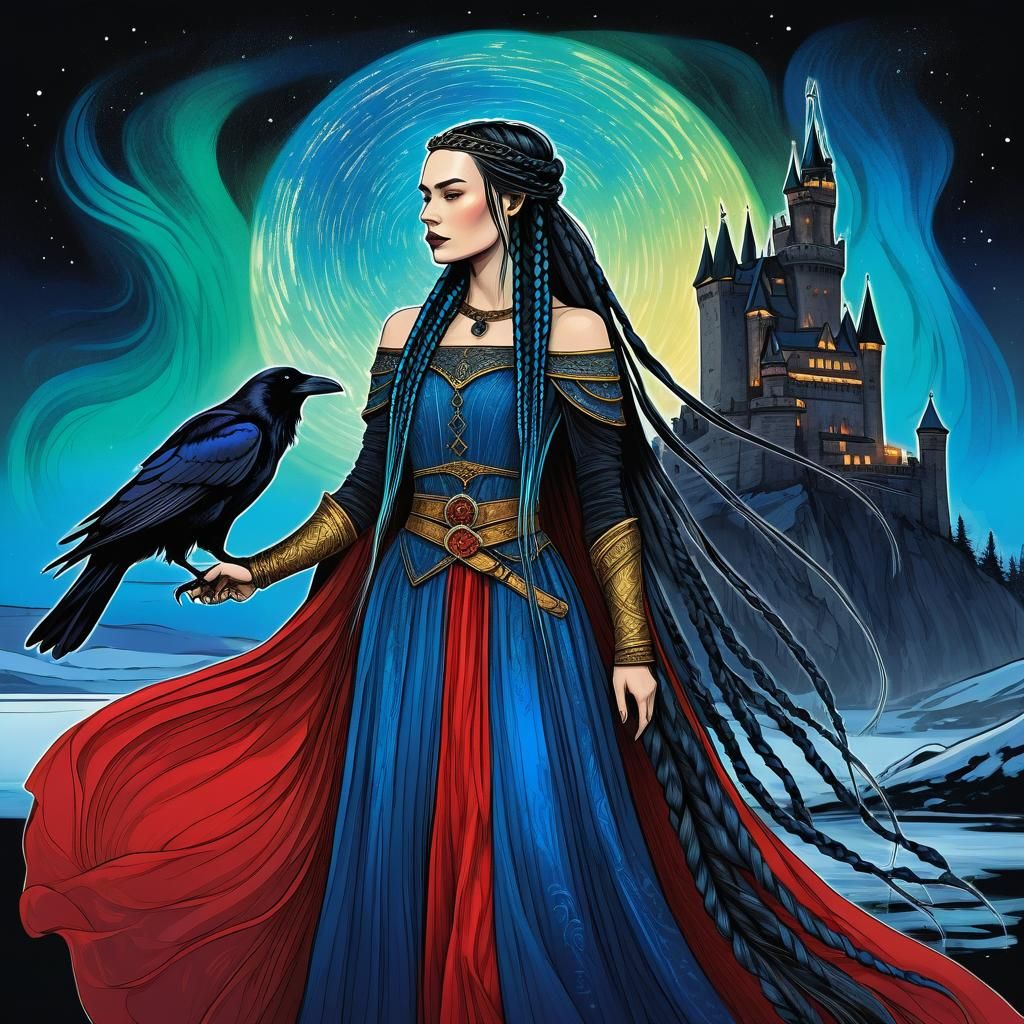 Princess Brunhild with Raven, Ink Drawing