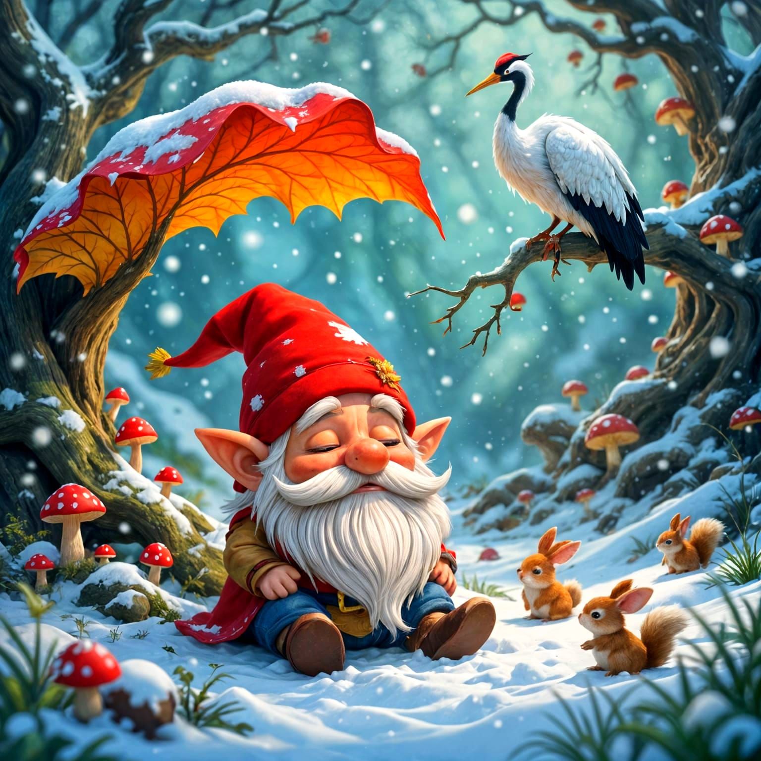Gnome Shelters Under Leaf in Snowy Fantasy Scene