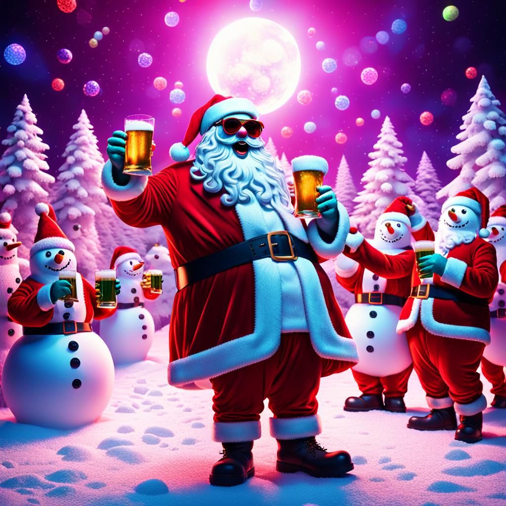 Big Fat Santa Partying with Vibrant Snowmen and Disco Lights