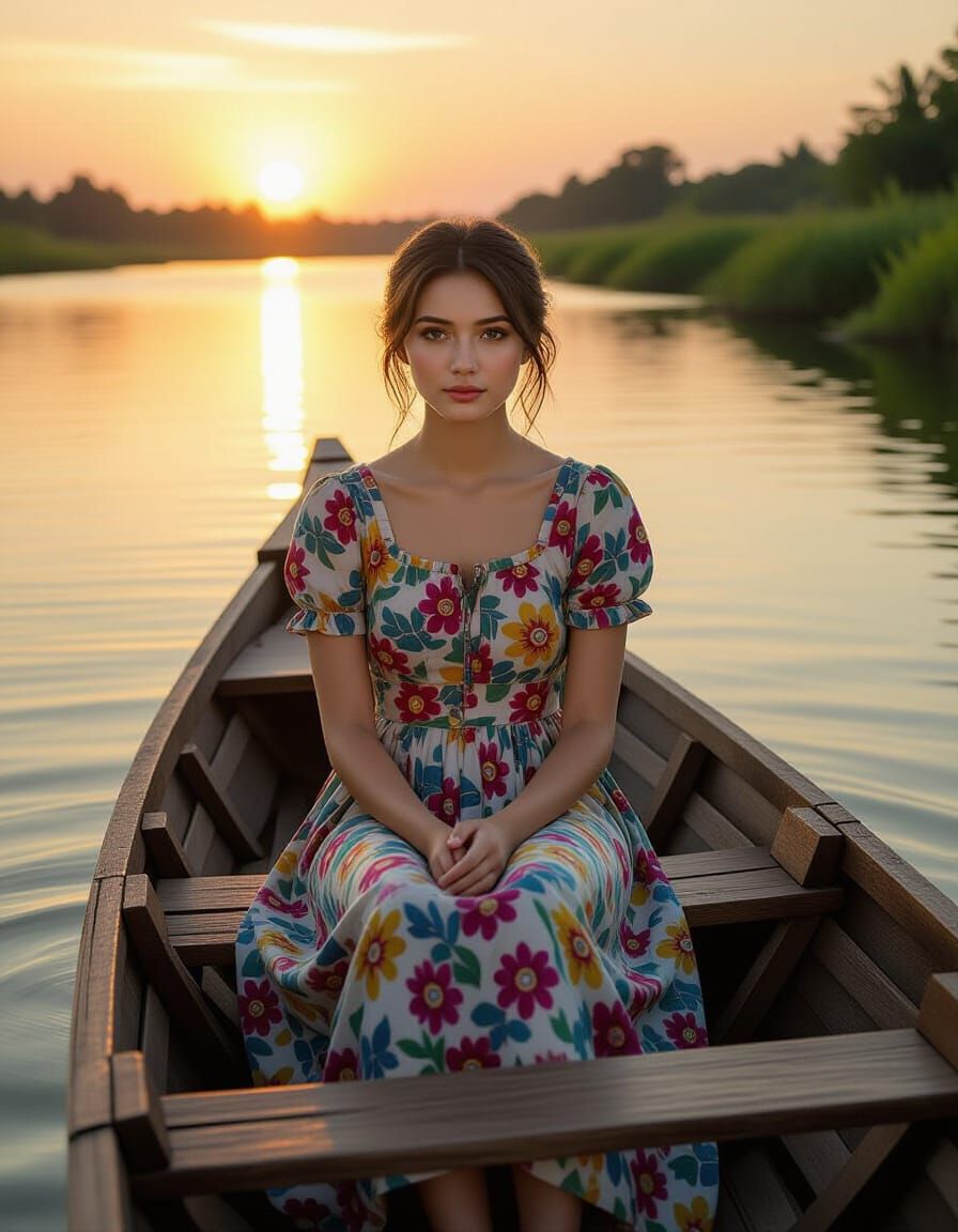 Young Woman in Boat at Sunrise: Realistic Digital Painting