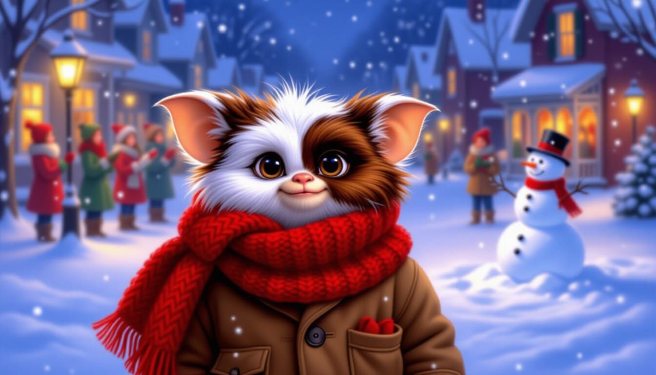 Gizmo in a Nostalgic Christmas Scene Oil Painting