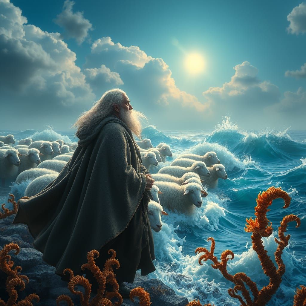 Shepherd of the Tides: A Majestic Oceanic Scene in Whimsical...
