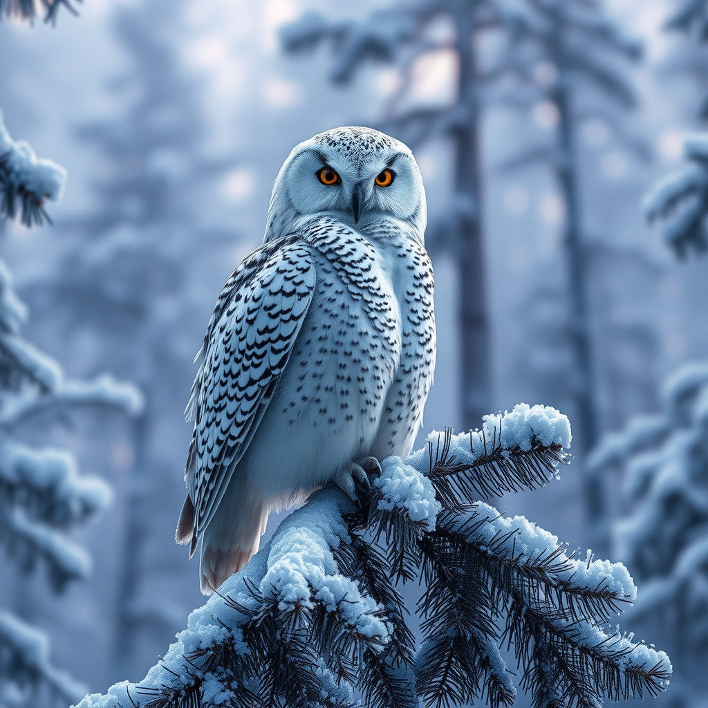 Snowy Owl in Winter Forest, Hyper-Realistic Detail