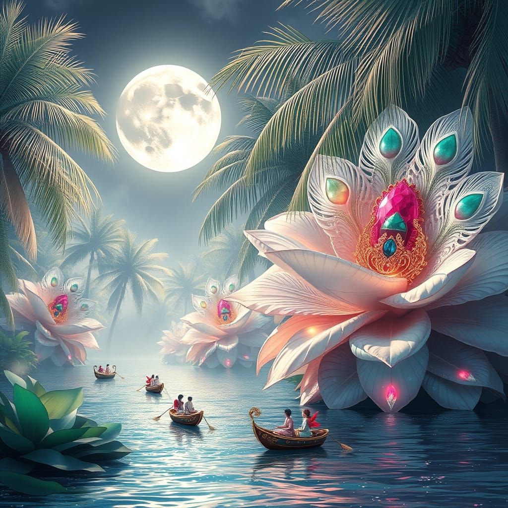 Enchanted Tropical Landscape with Jewel Flowers and Feather ...