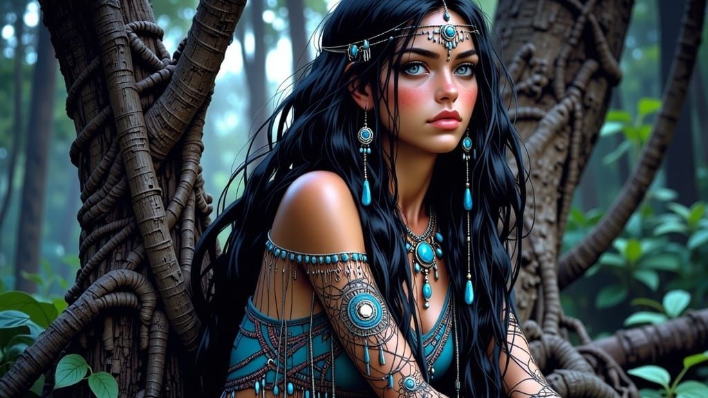 Pocahontas in Twilight Forest, Art Nouveau Style