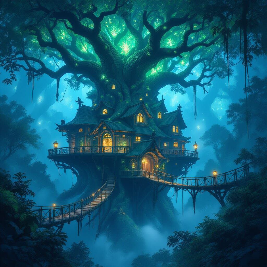 Ancient Treehouse City Sanctuary in Bioluminescent Forest