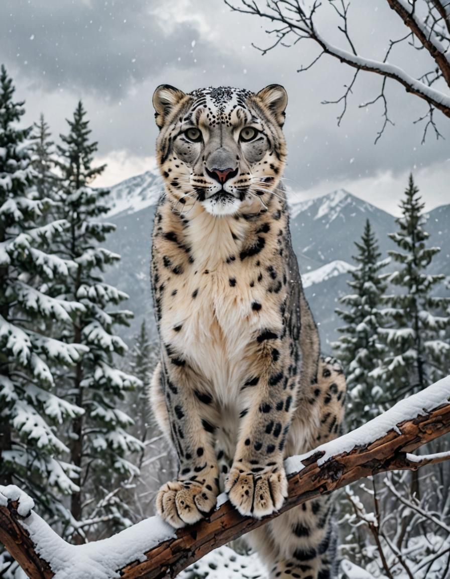 Snow Leopard on Snowy Branch in Winter Landscape