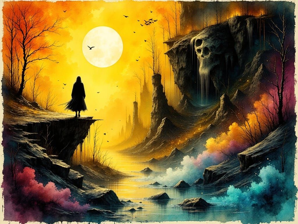 Mystical Figure Steps into Dark Abyss with Ink Textures