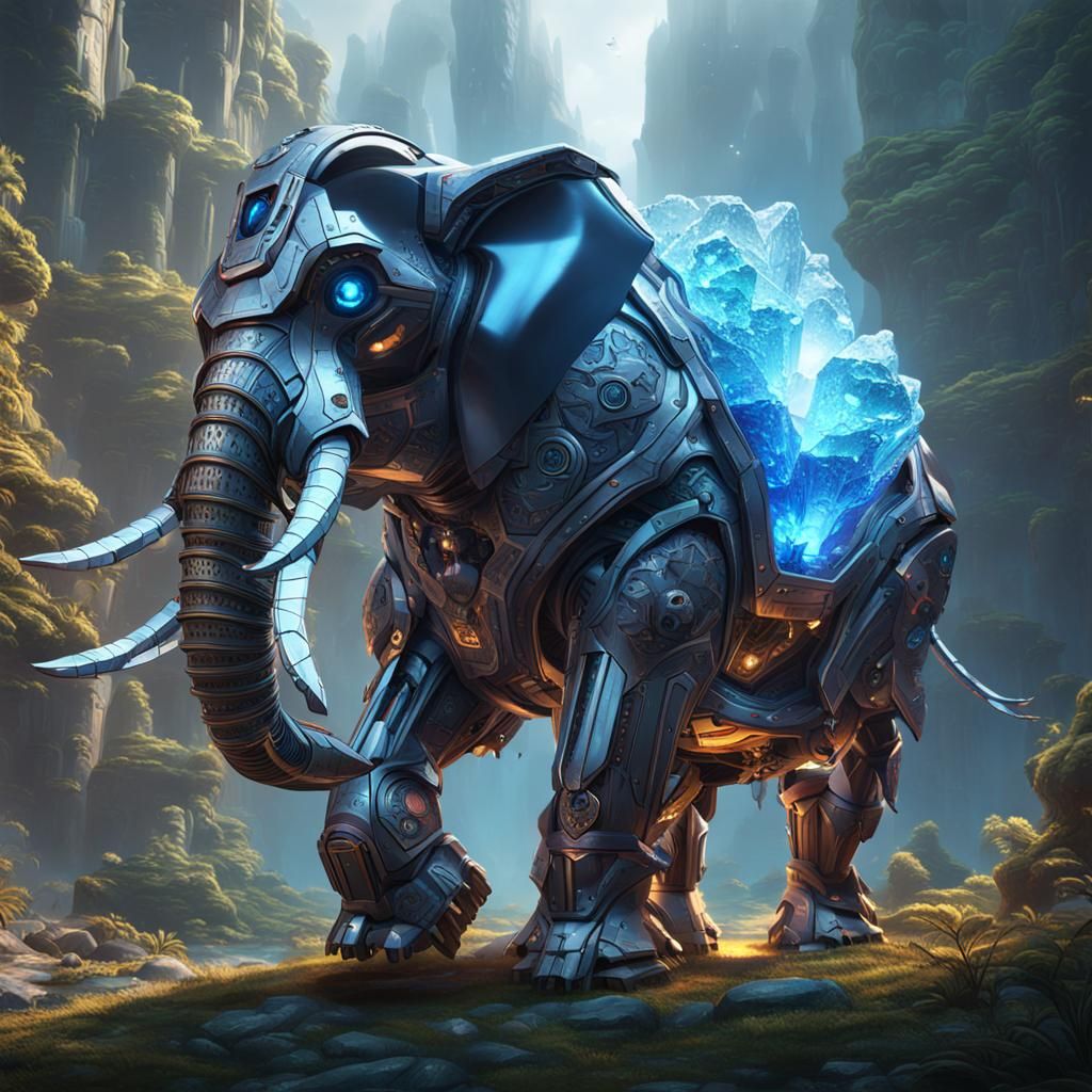 Robot on Crystalline Elephant: Fantasy Concept Art