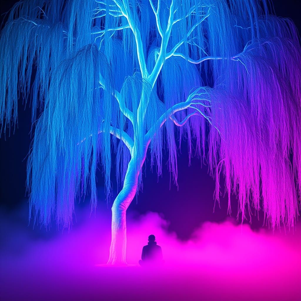 Lone Figure in Neon Dreamscape