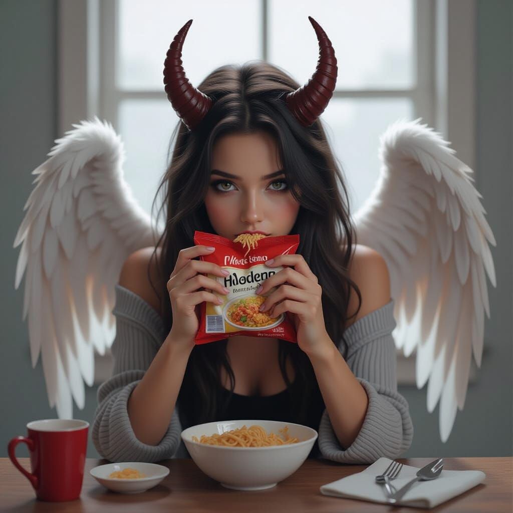 Half-Angel Half-Demon Struggles Eating Noodles