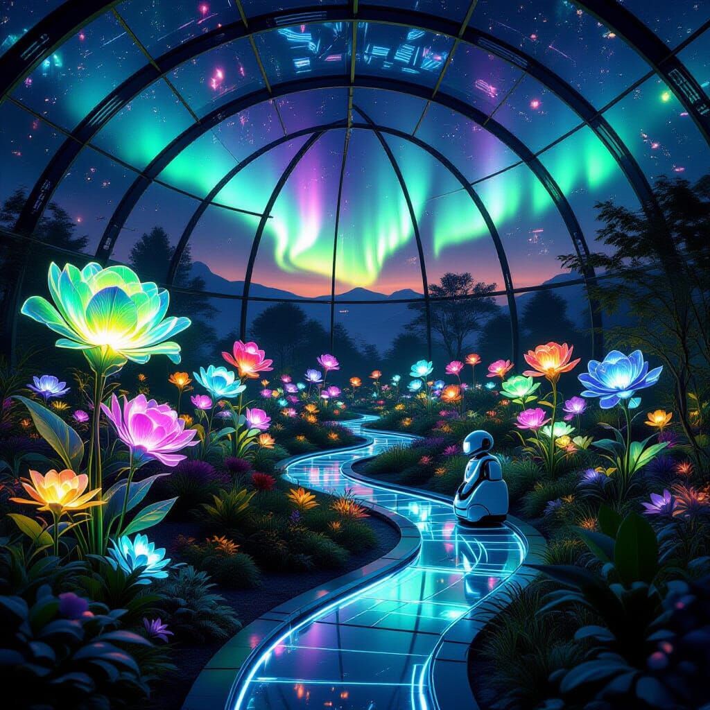 Bioluminescent Martian Garden Under Aurora