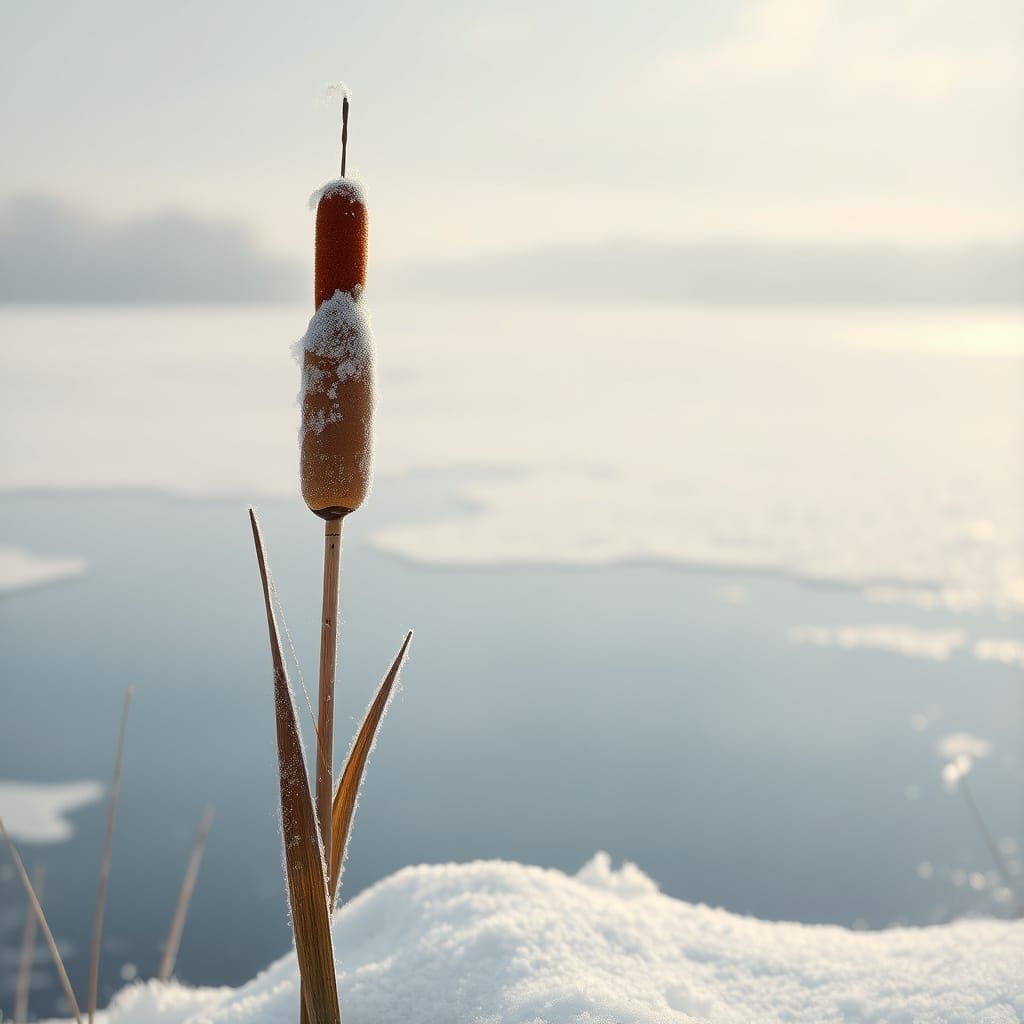 Frosty Cattail Against Winter Landscape