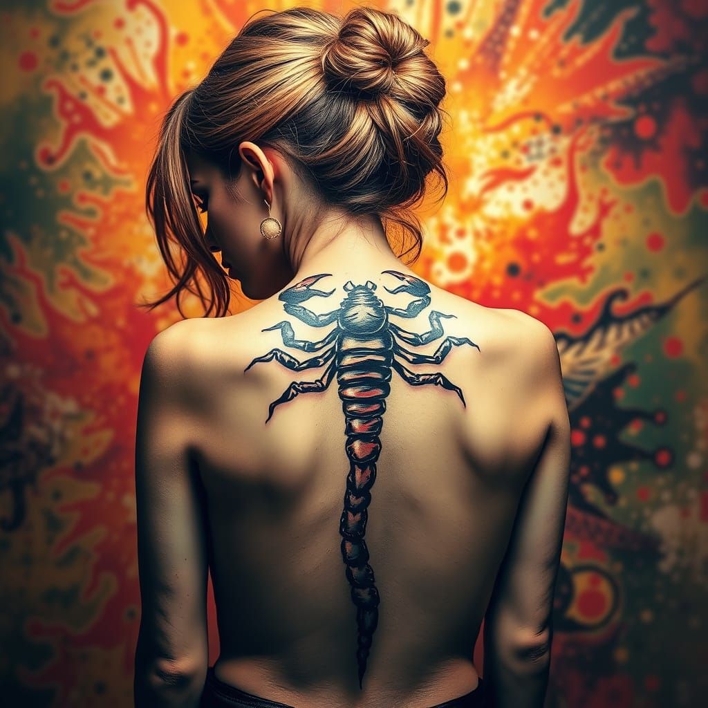 Scorpio Back Tattoo in Hyperrealistic Splash Art Style