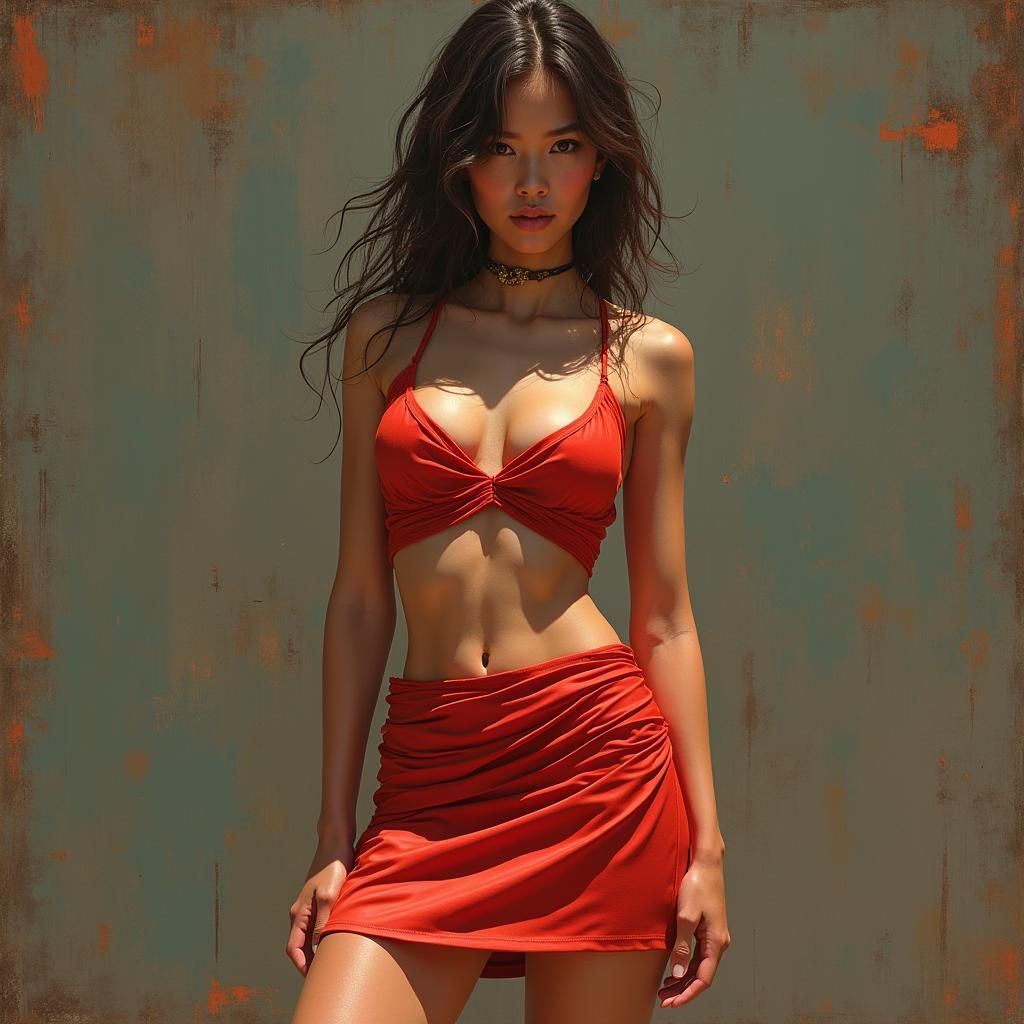 Vibrant Woman in Red Mini Skirt, Hyper-Realism and Fantasy