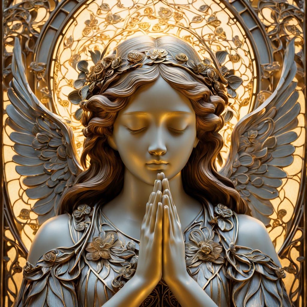 Art Nouveau Angel Praying with Floral Details