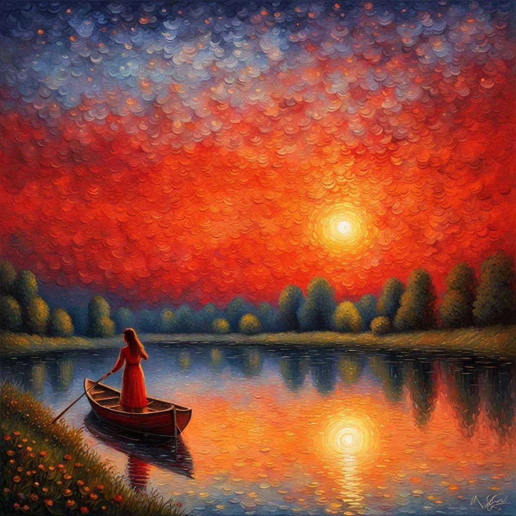 Crimson Sunset Lake Scene in Impasto Style