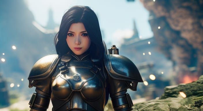 Armored Girl Flying with Jetpack: Photorealistic Portrait
