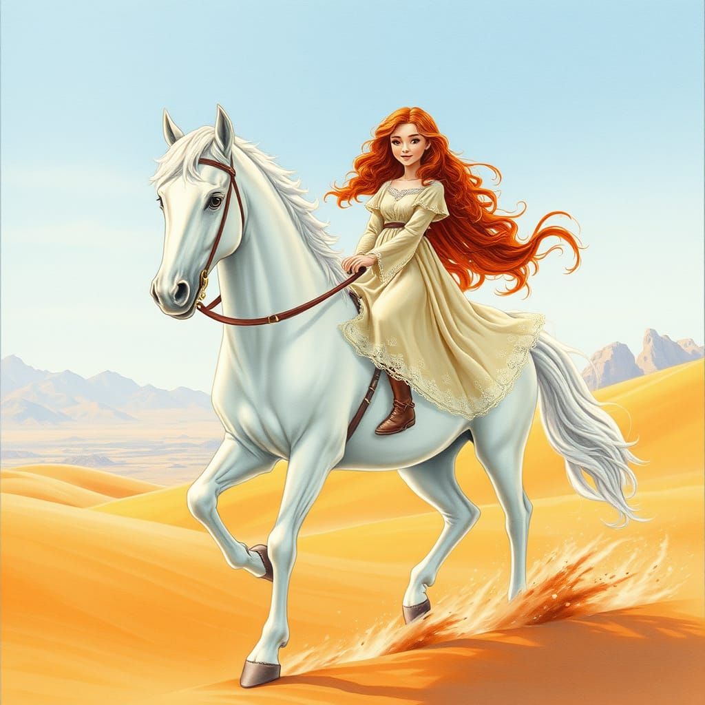 Vibrant Red-Haired Girl Rides Majestic White Stallion in Des...
