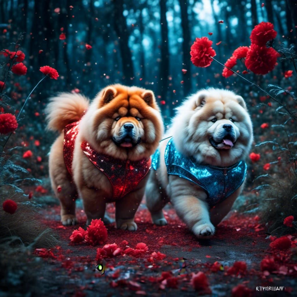 Chow Chows Playing: An Oil Painting