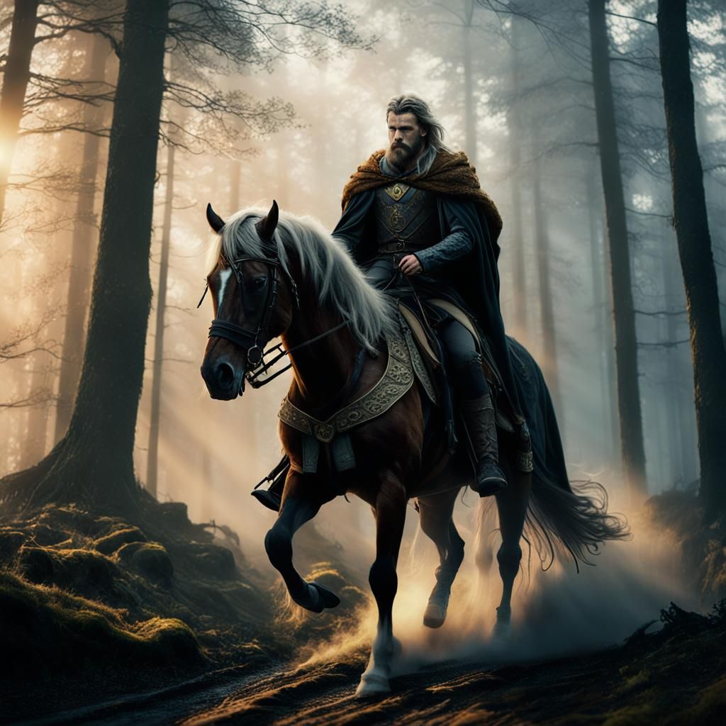 Norse Warrior on Horseback in Misty Woods
