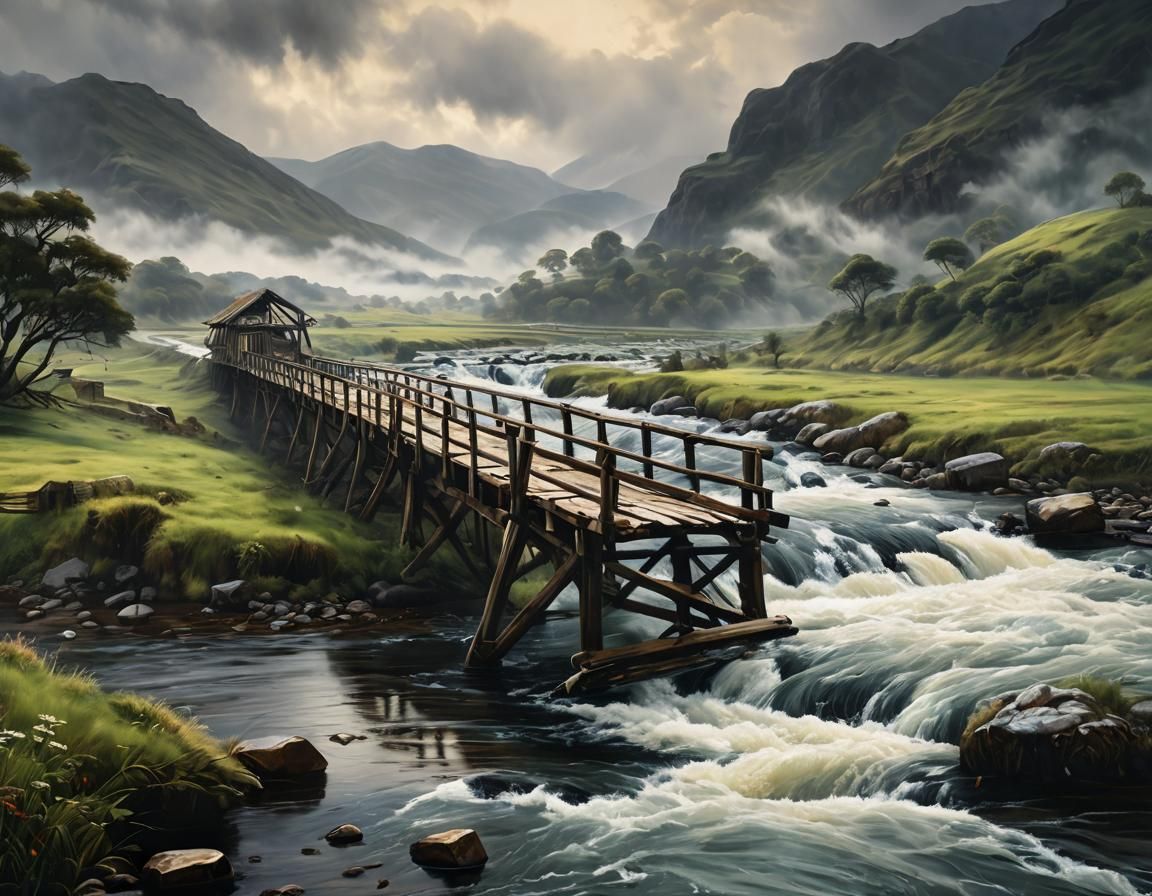 Misty River Landscape with Wooden Bridge as Oil Painting