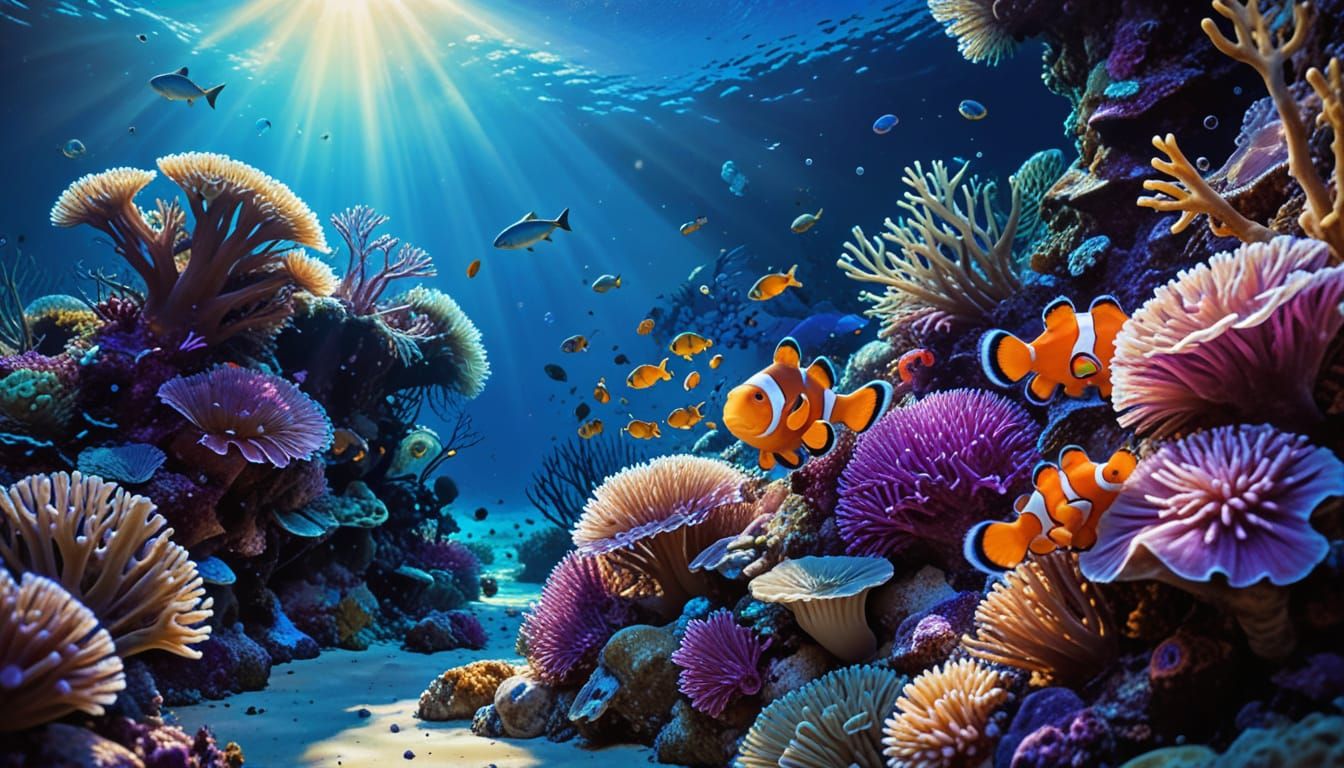 Clownfish and Anemone in Alcohol Ink Style