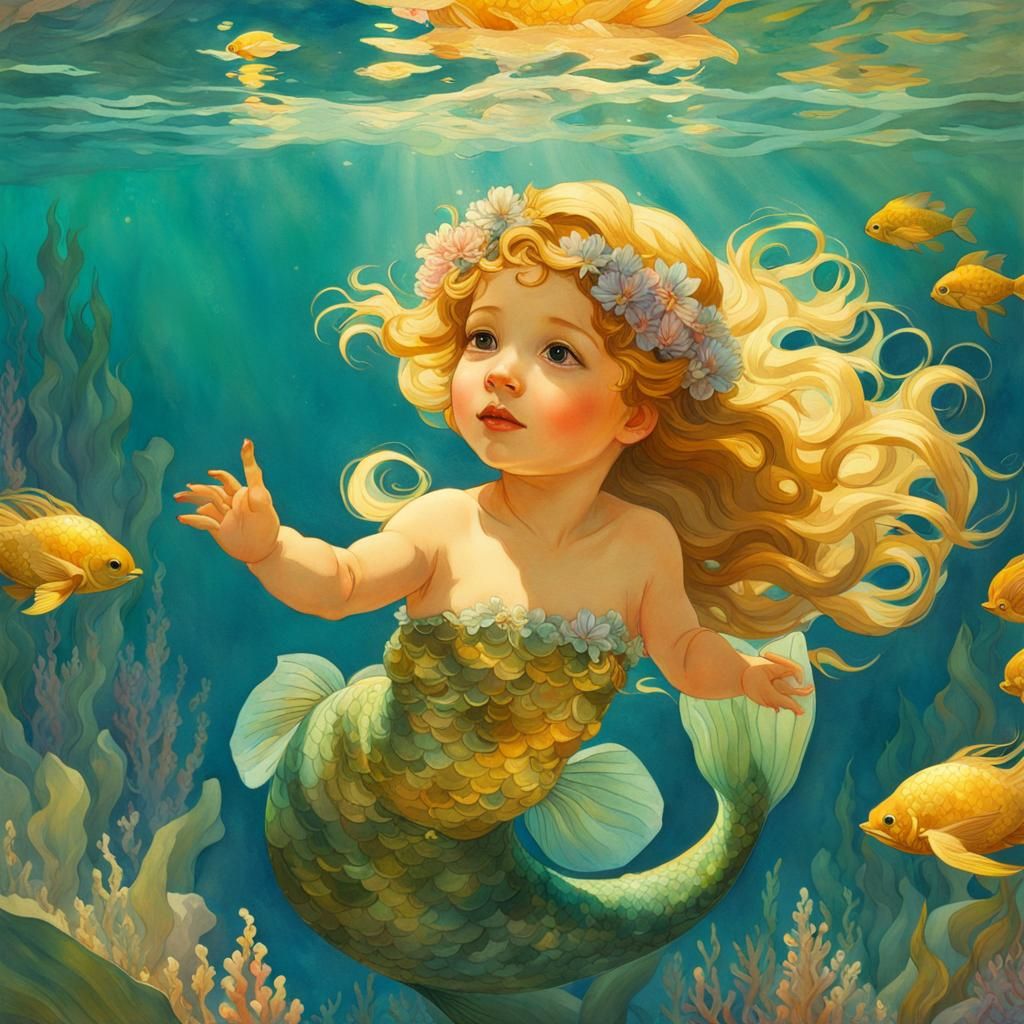 Toddler Mermaid with Mother in Art Nouveau Style