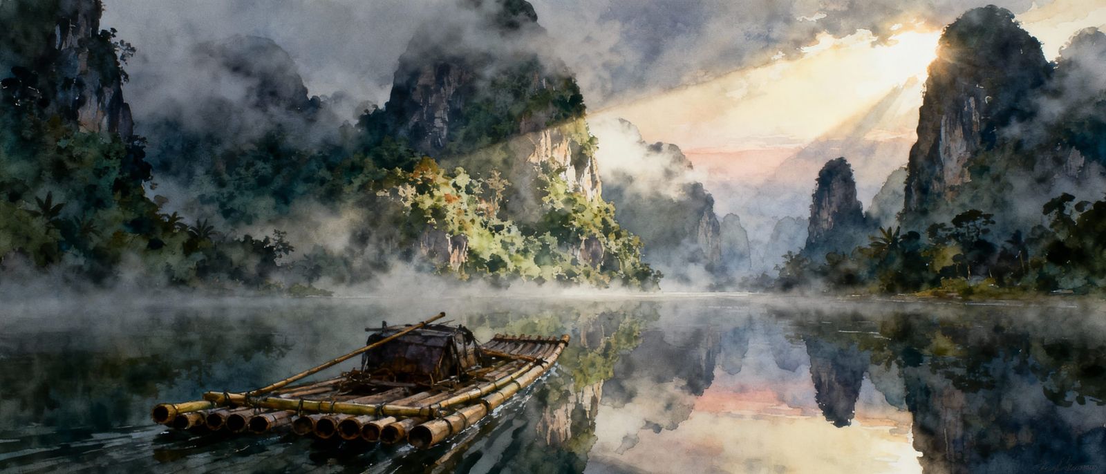 Misty Vietnamese River Raft in Watercolor and Ink Style