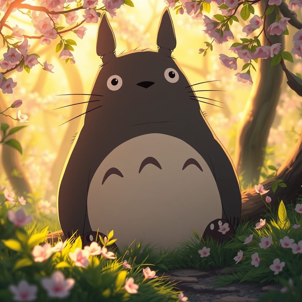 Whimsical Todoro in Cherry Blossom Forest