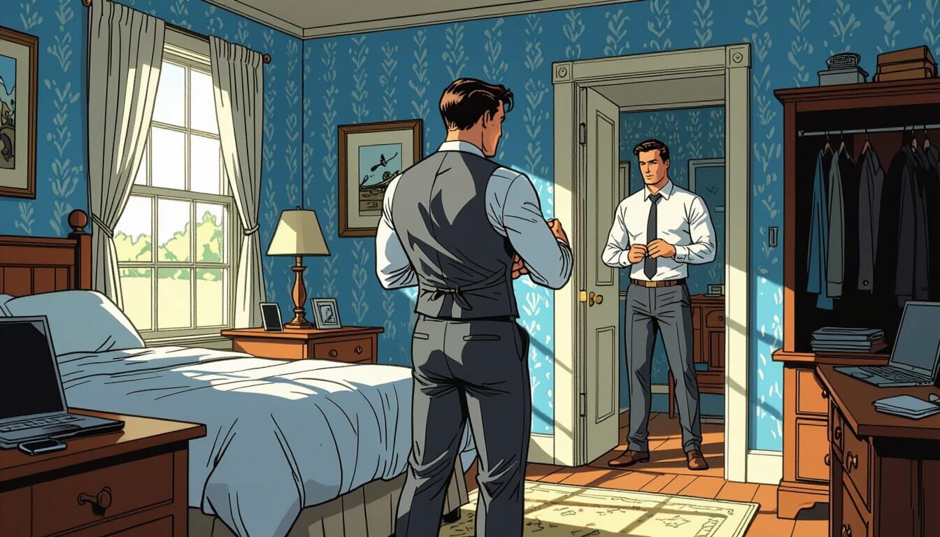 Muscular Man in Suit Fastening Cufflink, Comic Book Style