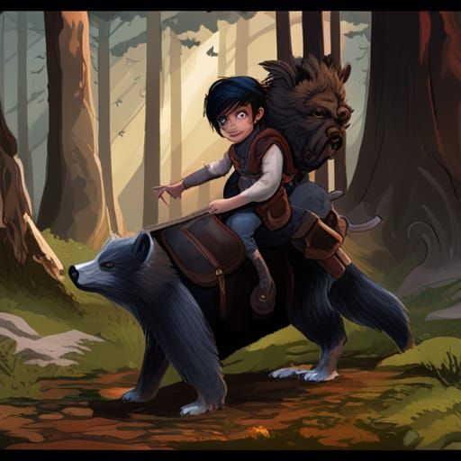 Halfling Druid on Black Bear: Dark Fantasy Art
