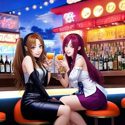 Anime Girls Kissing in Bar: Manga-Style Illustration