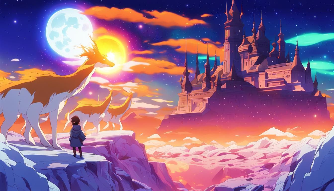 Anime Solar Flare with Aurora and Moon