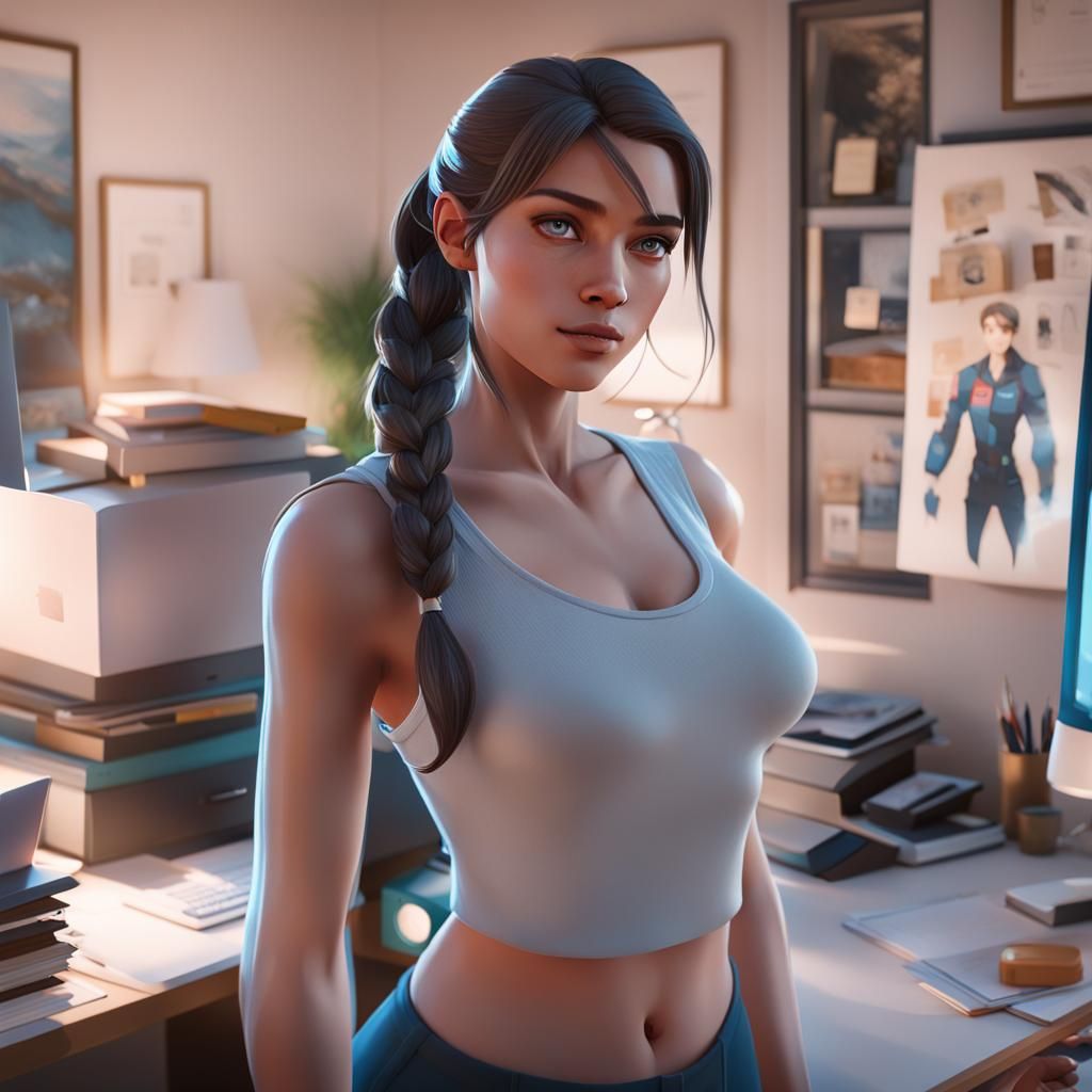 Elegant Anime Woman in Cozy Home Office