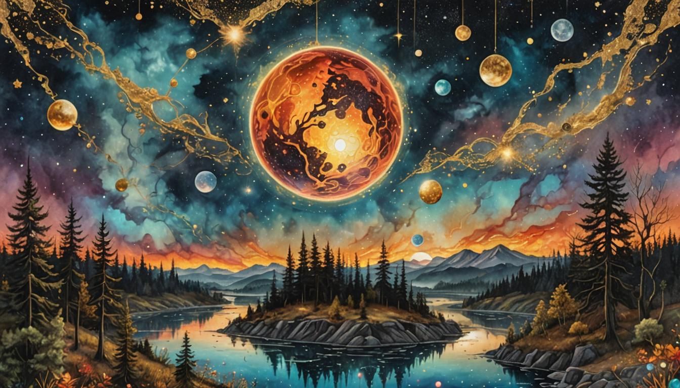 Surreal Glowing Planetscape in Mixed Media Collage Style