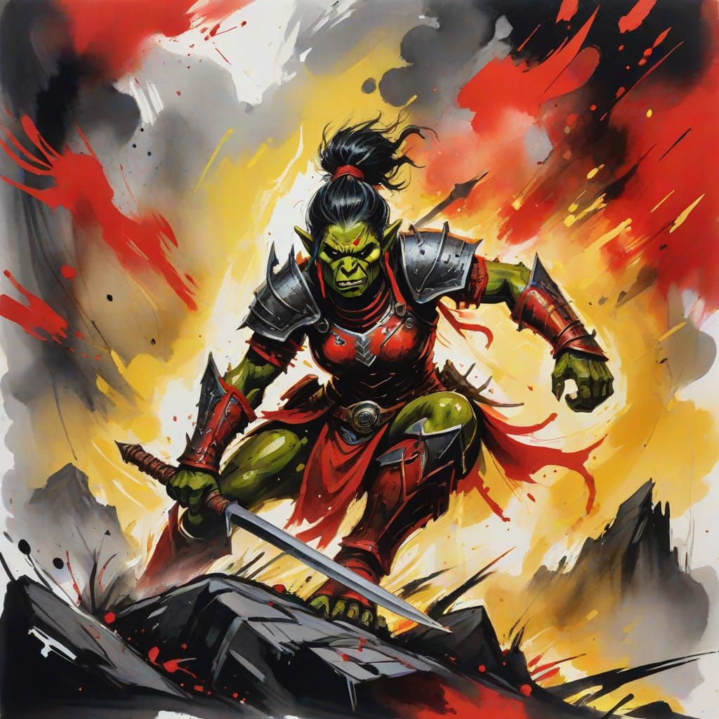 Fierce Orc Warrior Woman in Expressionist Ink Painting
