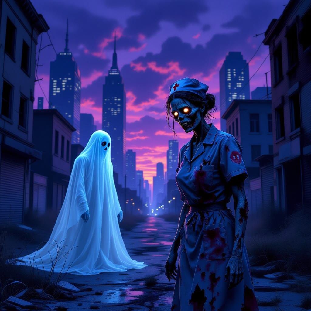 Zombie Nurse Meets Ghost in Post-Apocalyptic City
