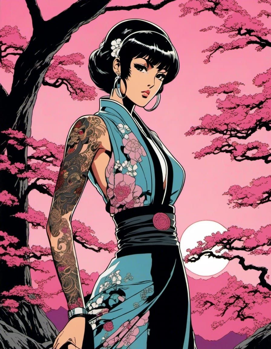 1980s Anime Tattooed Yakuza Maiden, sullen expression standing in Japanese garden, moonlight, pink, brown and black. <lo...