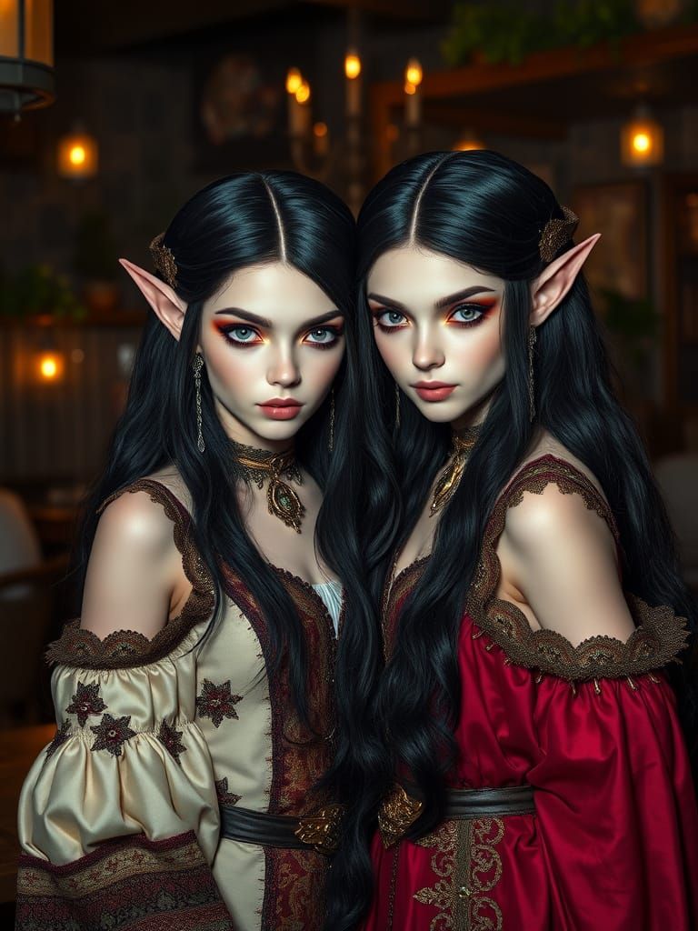 Exotic Elf Twins in Victorian Fantasy Attire