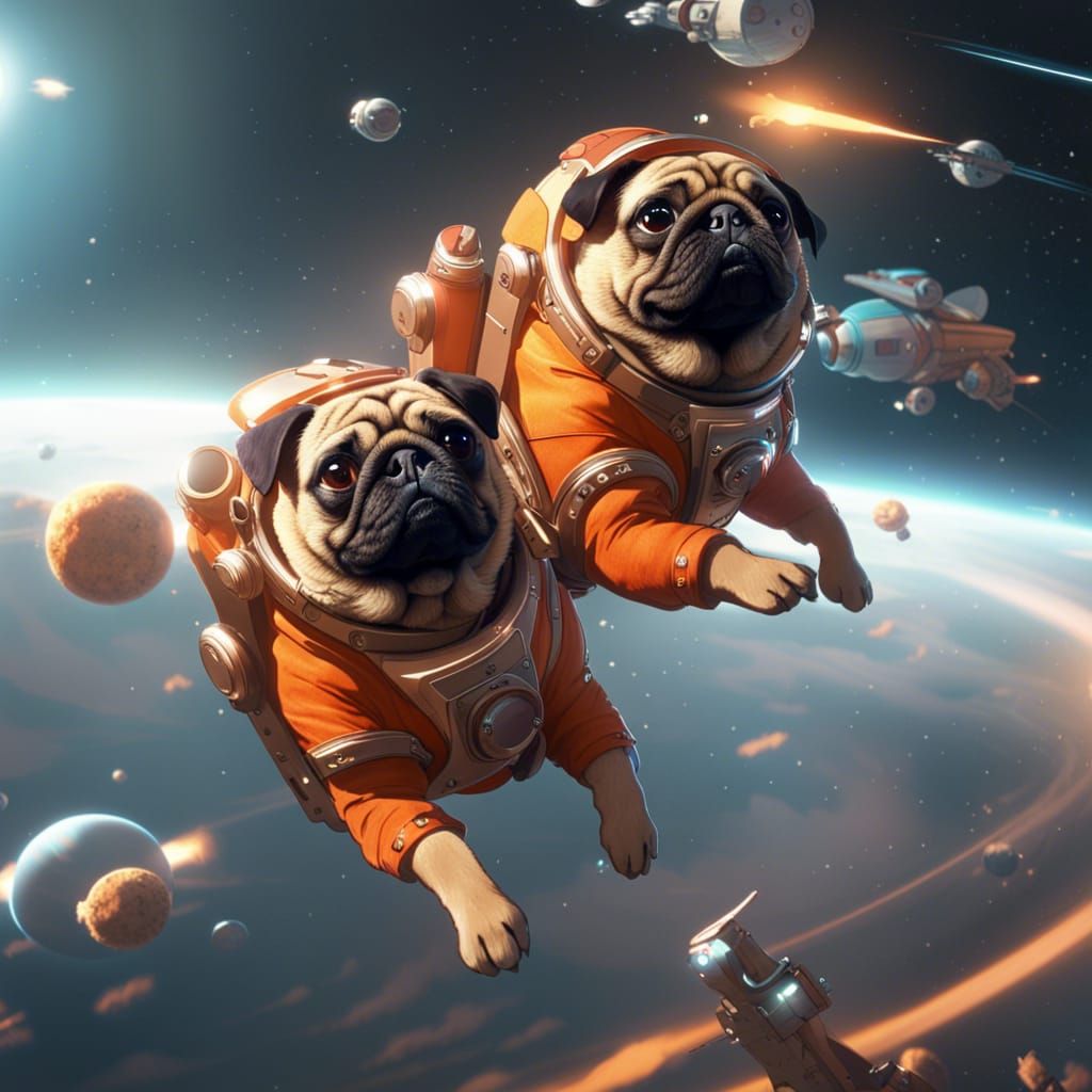 Pugs Flying Through Space: Hyperdetailed Concept Art