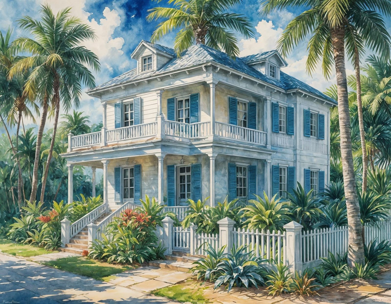 Tropical White House Watercolor Illustration