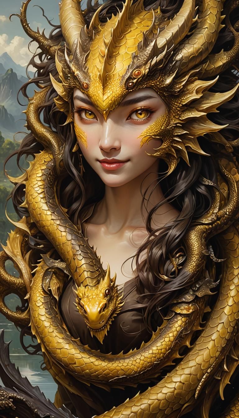 Joyful Yellow Dragon in Soup Lake Oil Painting