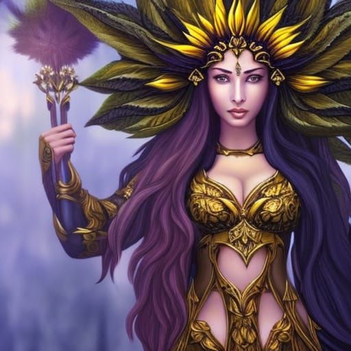 Goddess with Sunflower Staff in Fantasy Forest